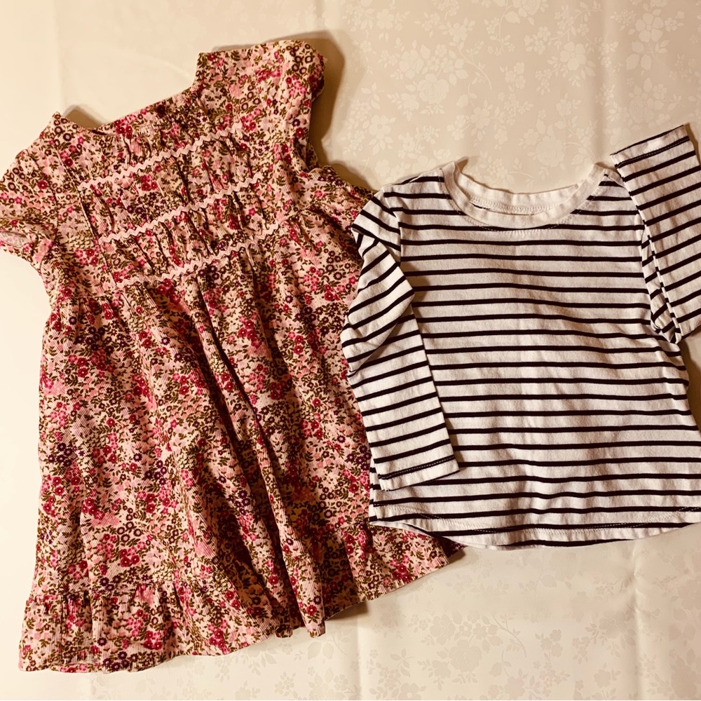 EUC Bundle: Lightweight Pink Floral Smocked Corduroy Dress, Bonus Striped Tee